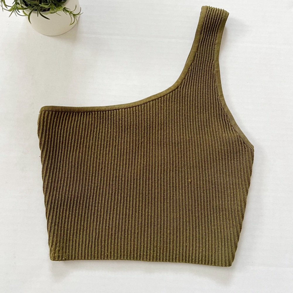 Aritzia Babaton One Shoulder Ribbed Crop Top in Moss Green